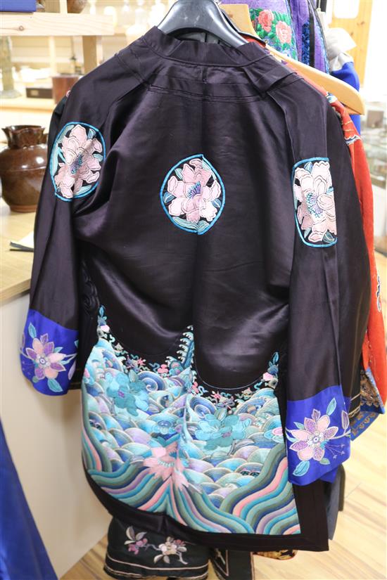 A 1920-30s black silk multi-coloured embroidered robe